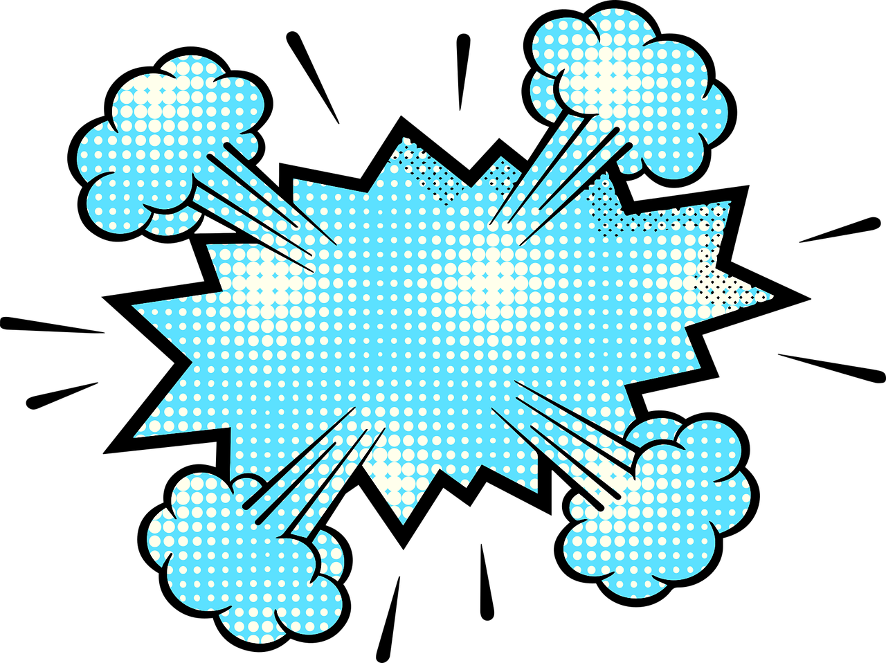 a blue and white pop art explosion on a black background, a comic book panel, inspired by Wally Wood, pop art, nintendo clouds, istockphoto, celebration, callouts