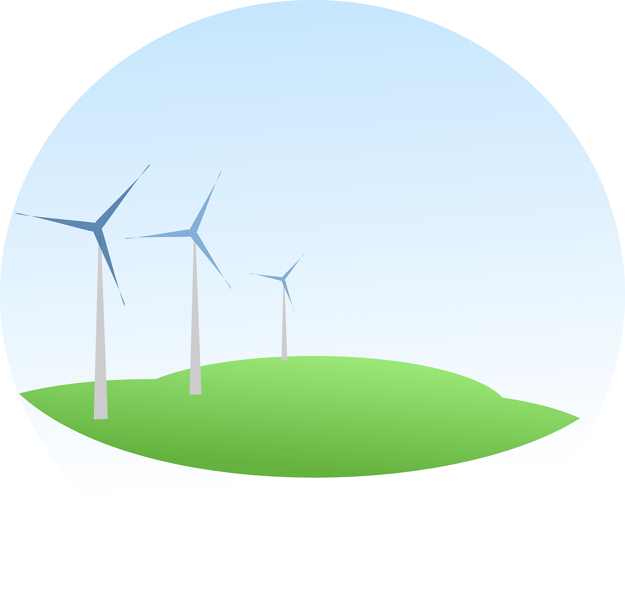 a group of wind turbines sitting on top of a green hill, an illustration of, inspired by Maruyama Ōkyo, ecological art, island in a blue sea, area 3, very simple, jewel
