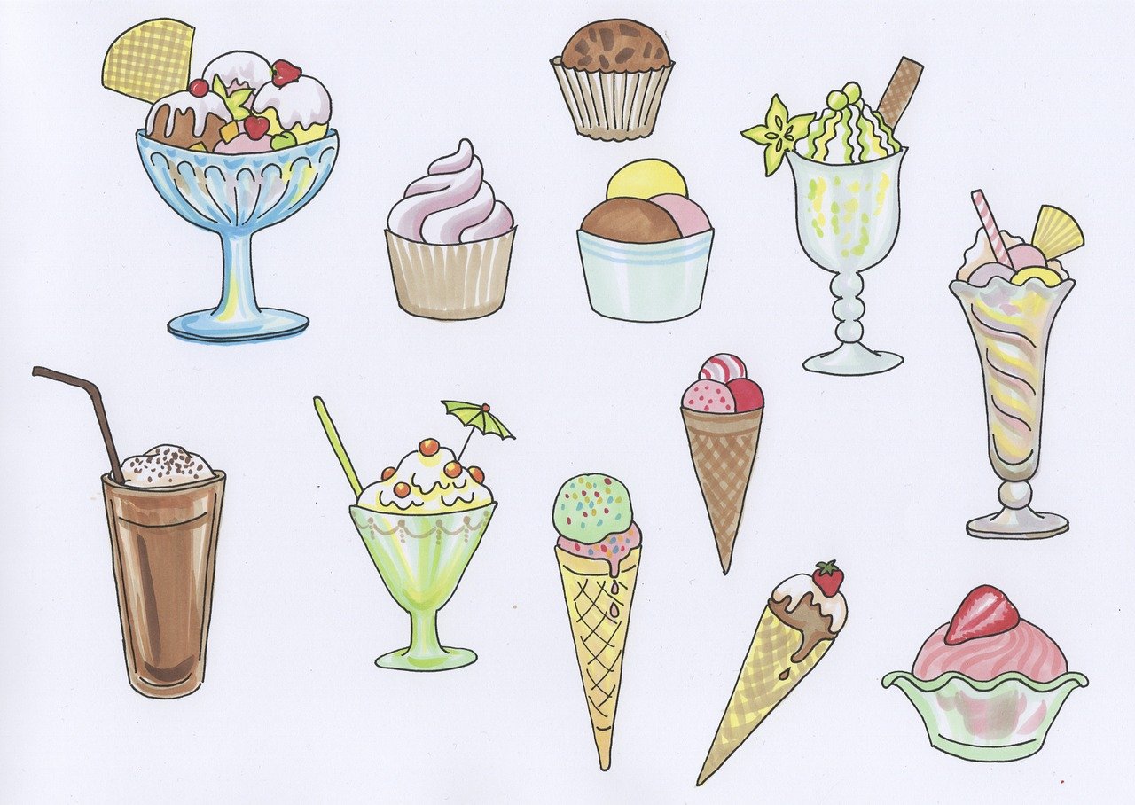 a drawing of a variety of ice cream sundaes, an illustration of, by Judith Brown, sprite sheet, colour, transparent, ivory