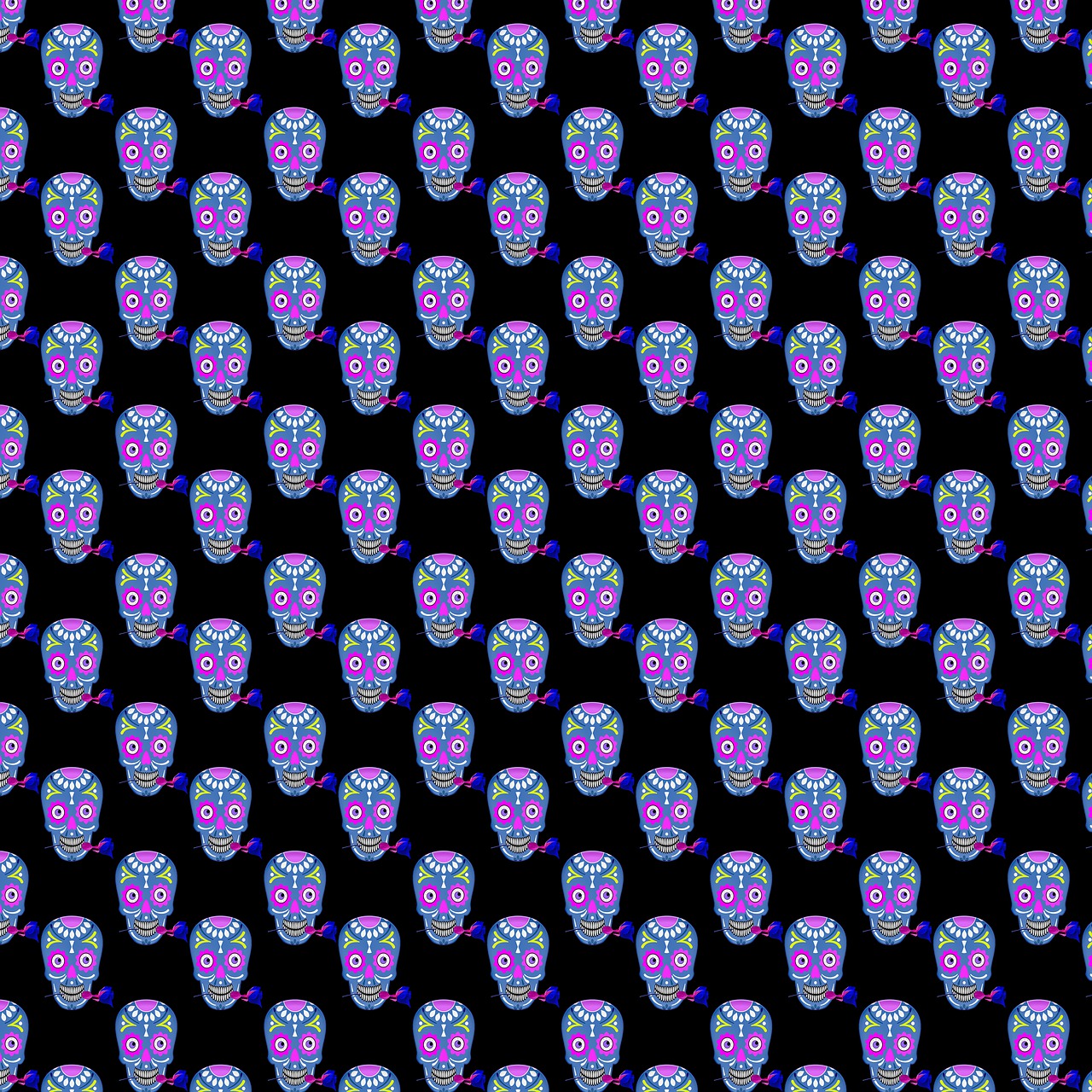 a pattern of sugar skulls on a black background, a digital rendering, tumblr, pixel art, purple and pink and blue neons, diamond texture, dmt visions, solid background