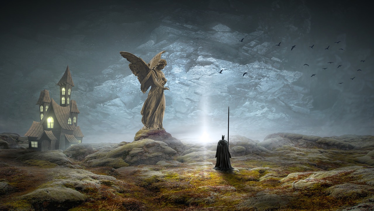 a statue of an angel standing in front of a castle, digital art, by Alexander Kucharsky, pixabay contest winner, fantasy art, wayne barlowe pierre pellegrini, wearing dark robes, angel protecting man, art concept for a book cover