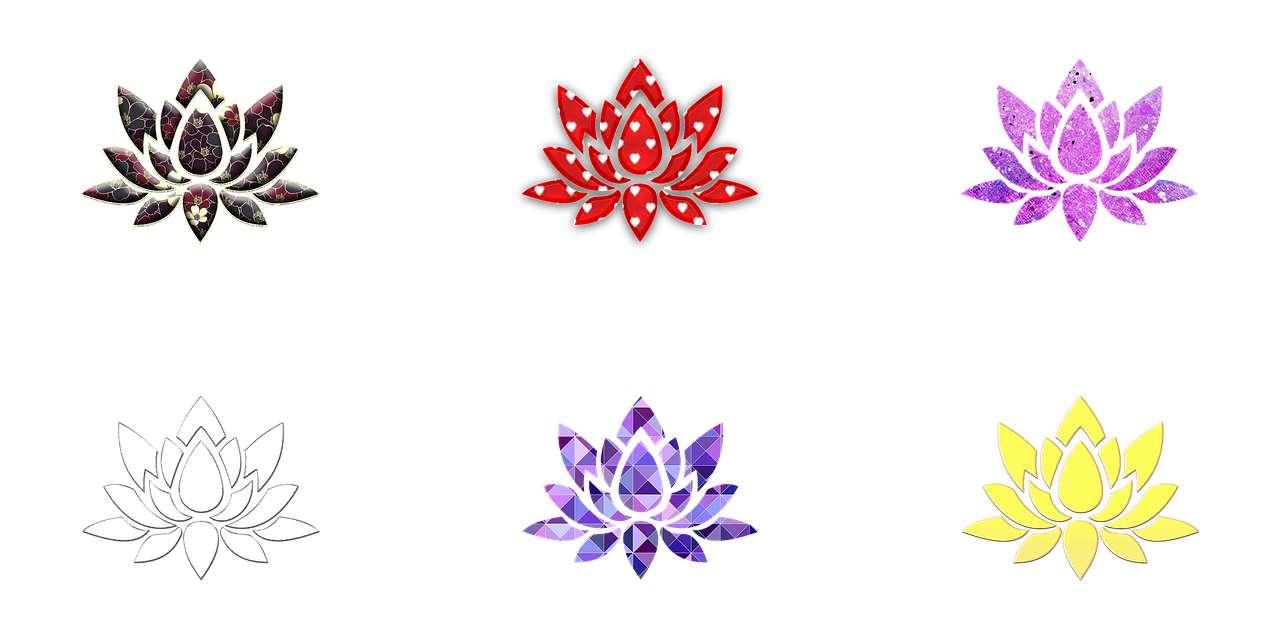 a bunch of different colored flowers on a black background, a digital rendering, sōsaku hanga, gemstones, lotus, front and back view, purple and red
