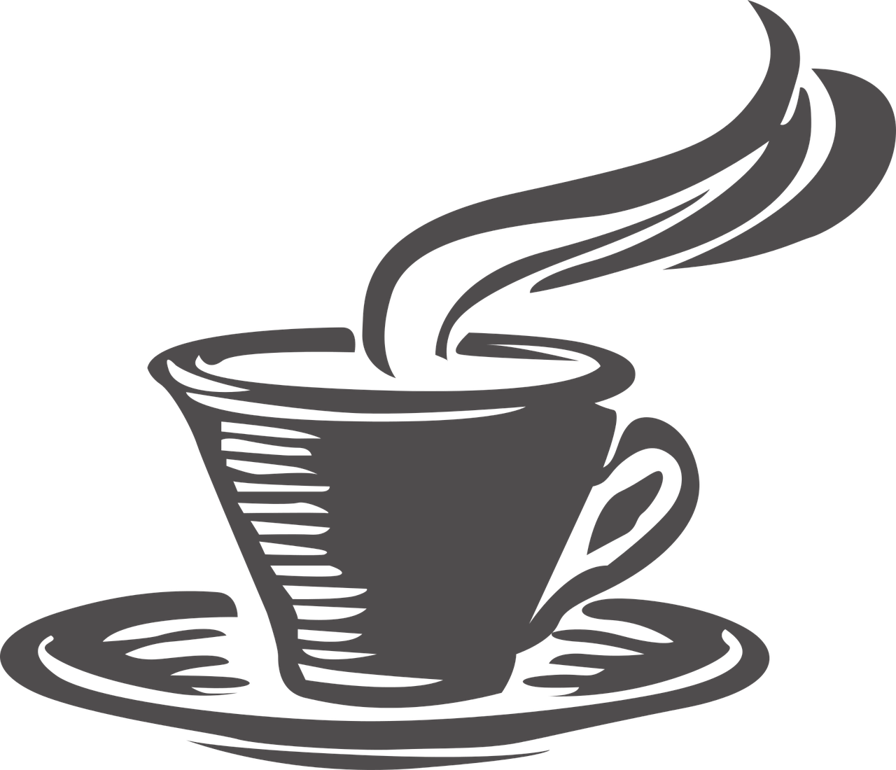 a cup of coffee on a saucer, inspired by Jürg Kreienbühl, pixabay, illustration black outlining, header, no gradients, with a black dark background