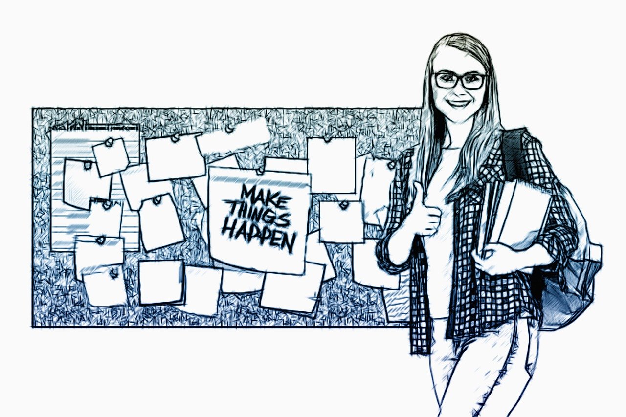 a drawing of a woman standing in front of a bulletin, maven, having fun, planning, high-contrast