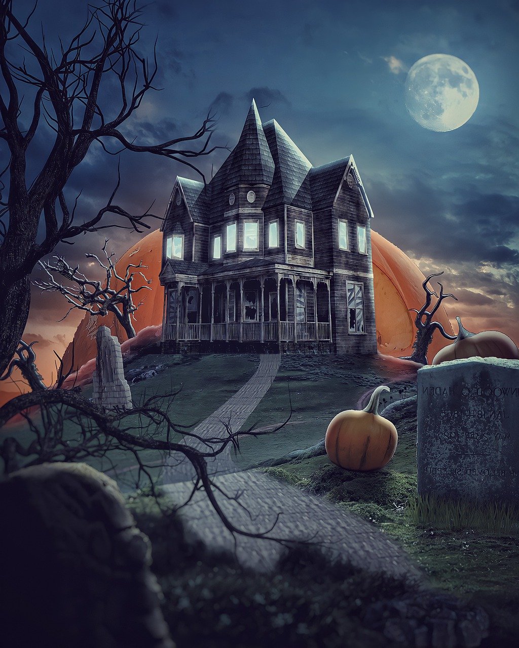 a creepy house with pumpkins in front of it, digital art, ultra realistic 3d illustration, high-res, istock, graveyard landscape at night