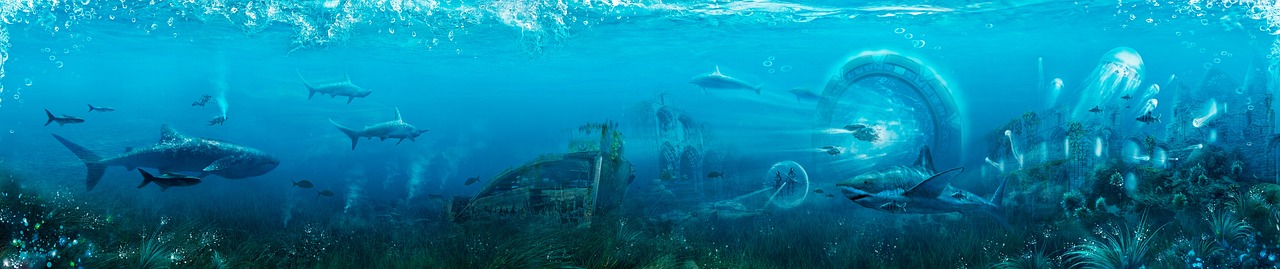 a group of fish swimming in the ocean, a detailed matte painting, deviantart, an abandoned, ilustration, andrey gordeev, dolphin