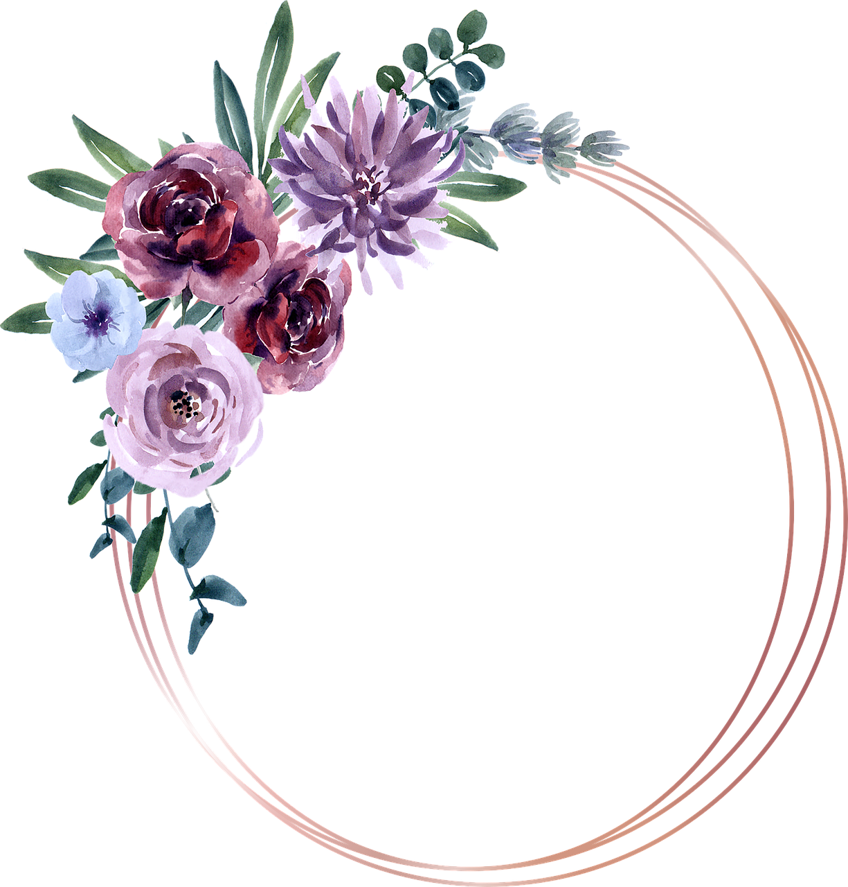 a circle of watercolor flowers on a white background, ( ( ( copper ) ) ) wire whiskers, purple foliage, flower frame, japanese flower arrangements
