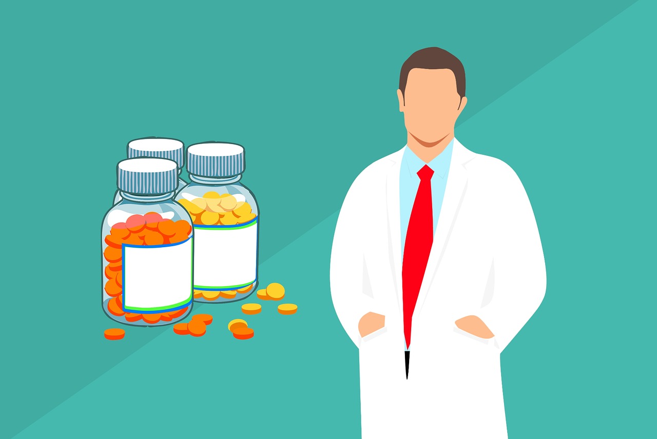 a man in a lab coat standing next to a bottle of pills, an illustration of, trending on pixabay, digital art, with two front pockets, realistic illustration, group photo, stock photo