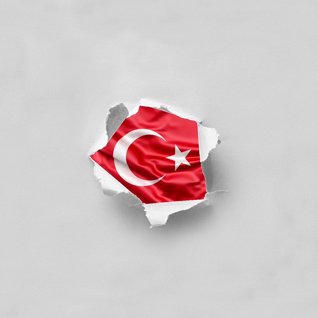 a torn piece of paper with the flag of turkey on it, hurufiyya, 3d minimalistic, on a pale background, productphoto, wall