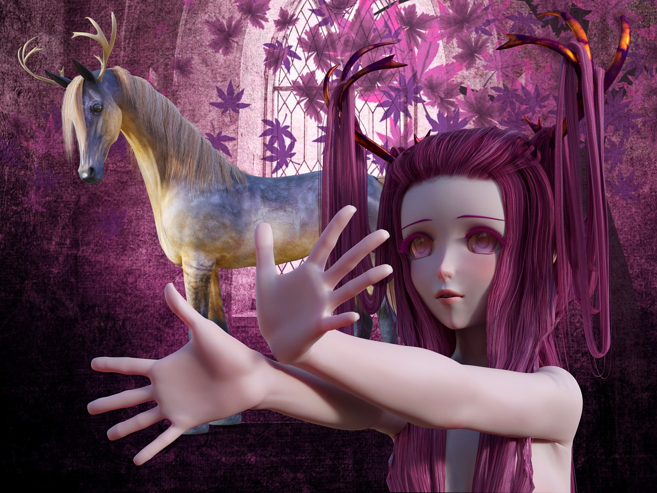 a close up of a person near a horse, inspired by Ai-Mitsu, deviantart contest winner, stunning 3d render of a fairy, hands reaching for her, pink and purple, anime style”