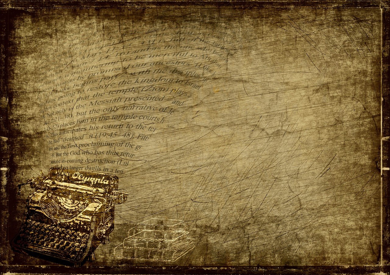 a typewriter sitting on top of a piece of paper, a digital rendering, by Aleksander Gierymski, trending on pixabay, graffiti, crumpled newspaper as a texture, style of ancient text, panorama, gustave dore\' background