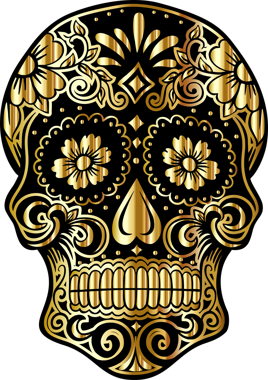 a gold sugar skull on a black background, vector art, inspired by Hedi Xandt, pixabay, beautiful sunny day, iphone background, golden smooth material, rectangular