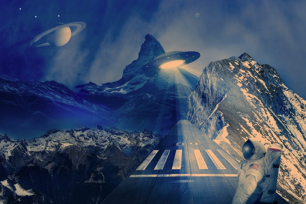 a man in a space suit standing in front of a mountain, inspired by Chesley Bonestell, pixabay contest winner, surrealism, flying saucers, artwork about a road to freedom, unpublished photo of ufo, of a family leaving a spaceship