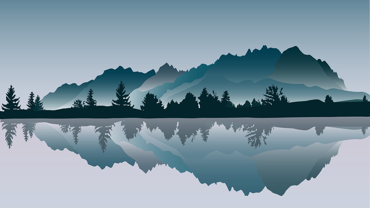 the mountains are reflected in the water, vector art, shutterstock, minimalism, trees in the background, shades of blue and grey, perfect symmetrical image, in the early morning