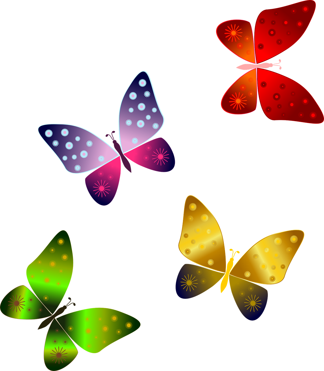 a set of four colorful butterflies on a black background, a raytraced image, by Marie Bashkirtseff, cutie mark, beautiful screenshot, night light, metallic