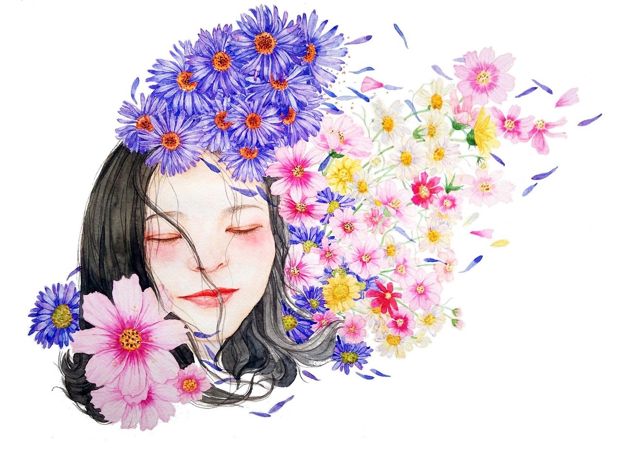 a drawing of a woman with flowers in her hair, a watercolor painting, by Ayami Kojima, giant daisy flowers head, with closed eyes, full color illustration, realistic cute girl painting