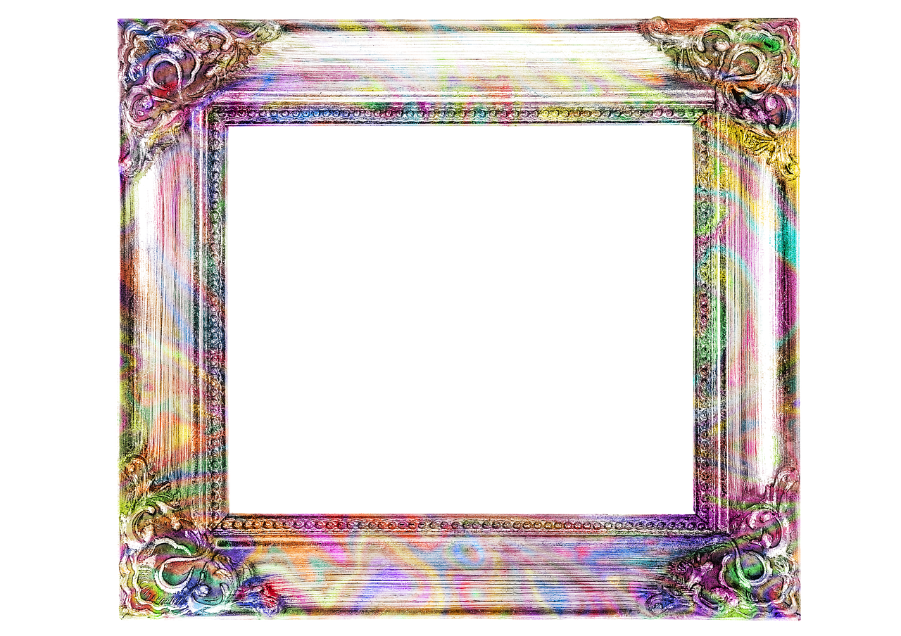 a colorful picture frame on a black background, flickr, computer art, vaporwave textures, ((oversaturated)), filigree frame, clear background