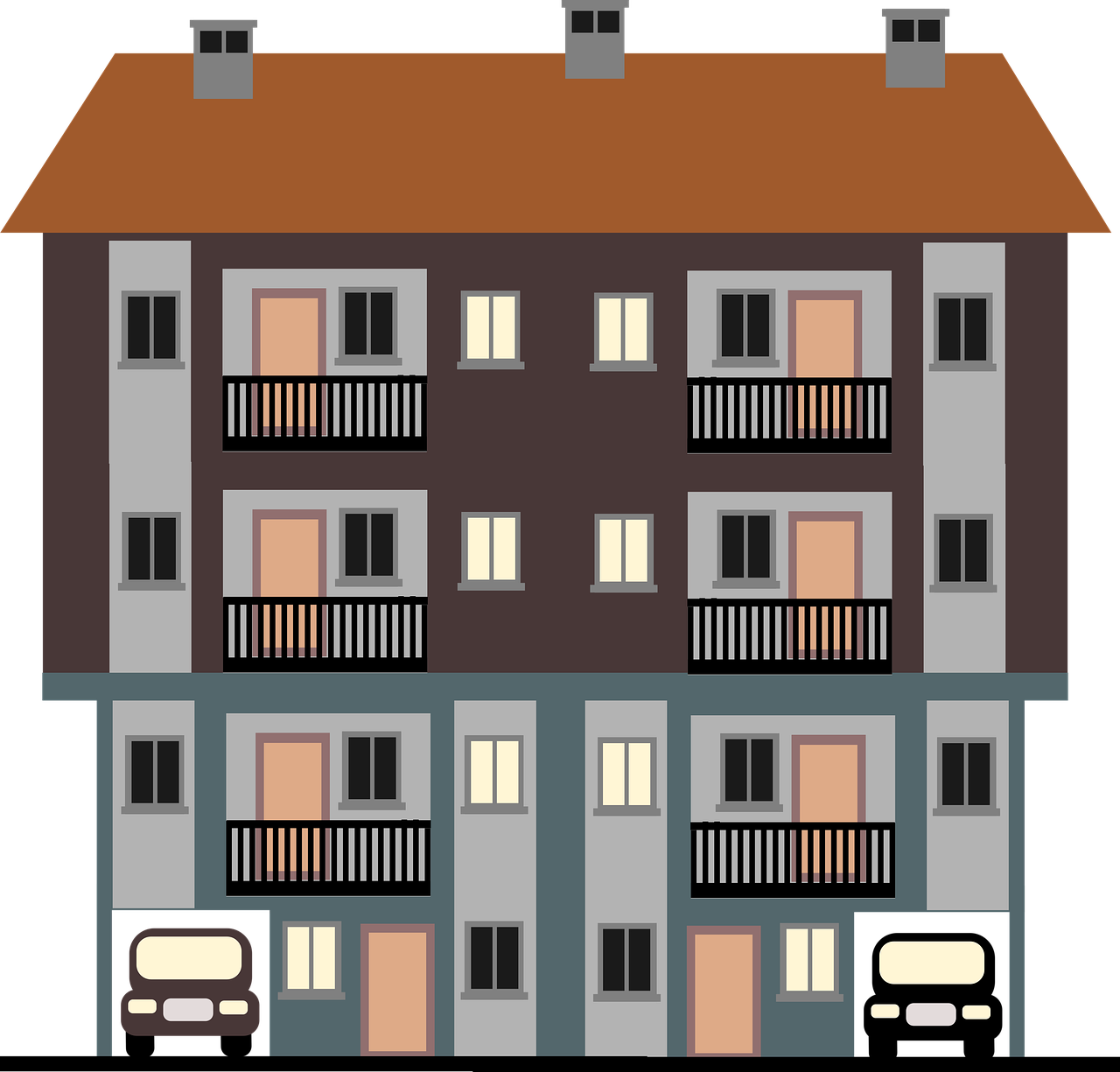 a two story apartment building with balconies and balconies, a digital rendering, pixabay, on a flat color black background, many doors, village house, close establishing shot