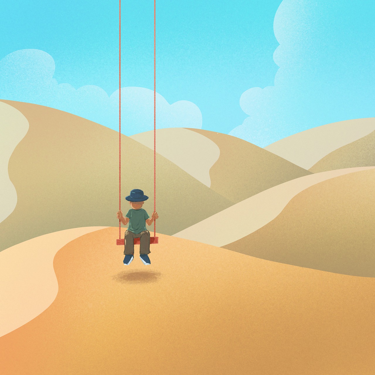 a person on a swing in the desert, trending on behance, conceptual art, children\'s illustration, hills in the background, vintage color, wide screenshot