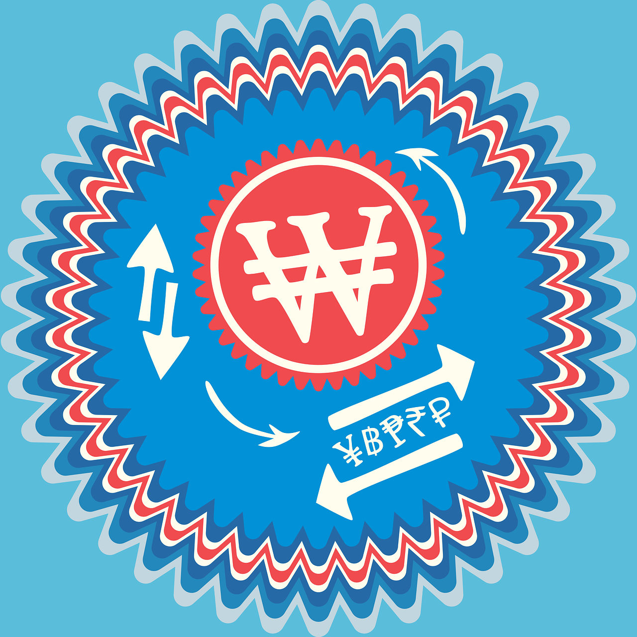 a sticker with an image of a chinese currency symbol, inspired by Washington Allston, behance contest winner, viennese actionism, blue and red color scheme, waterwheels, symmetric!!, warp