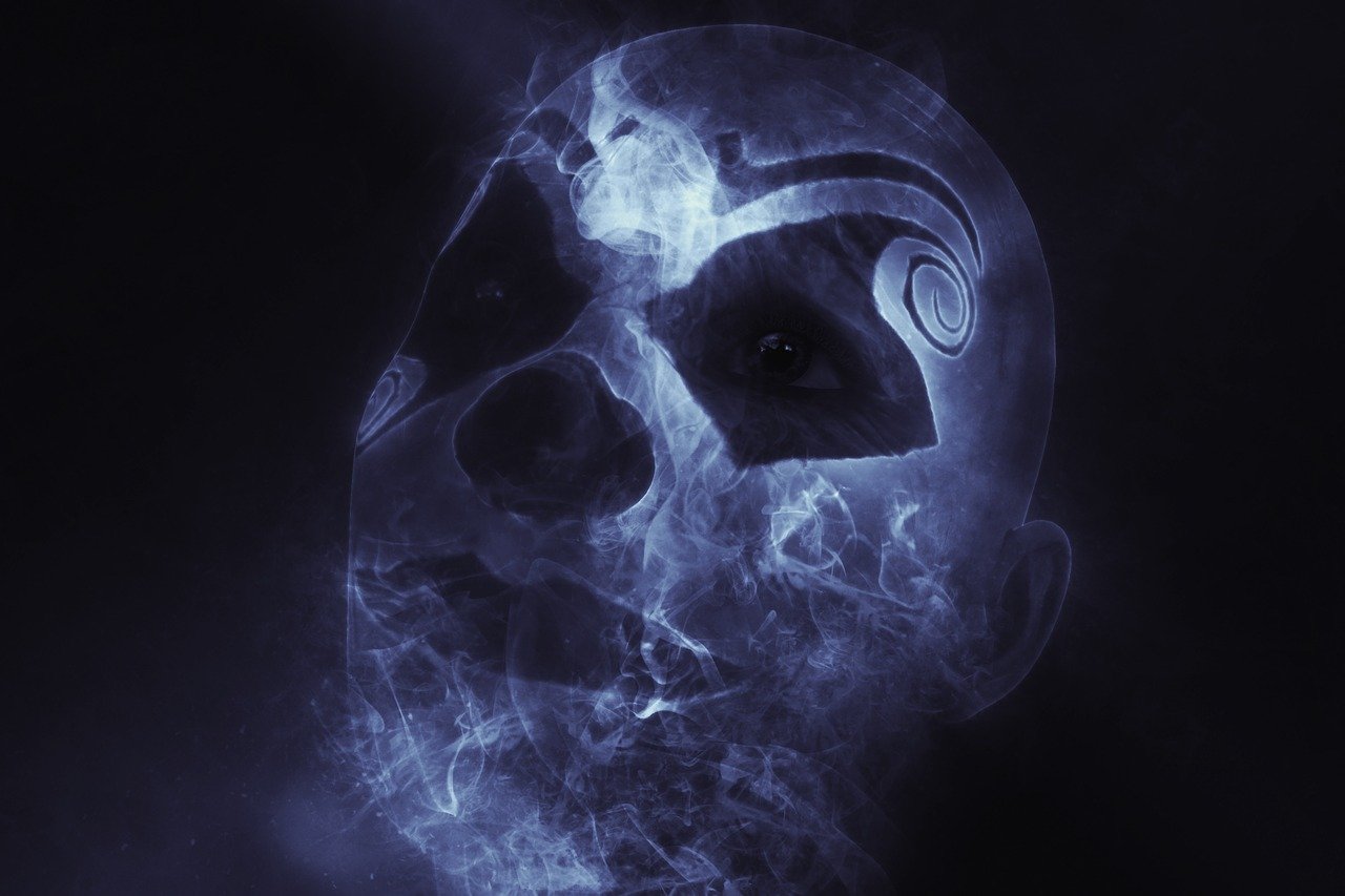 a close up of a person's face with smoke coming out of it, digital art, zbrush central contest winner, robot ghost mask, indigo, in the astral plane ) ) ), full - view