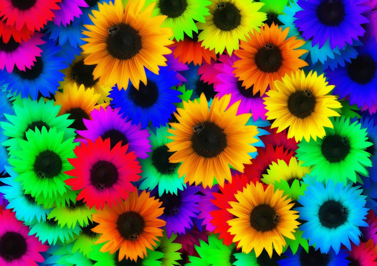 a bunch of colorful sunflowers sitting on top of each other, a colorized photo, inspired by Lisa Frank, shutterstock, color field, dark flower pattern wallpaper, colorful”