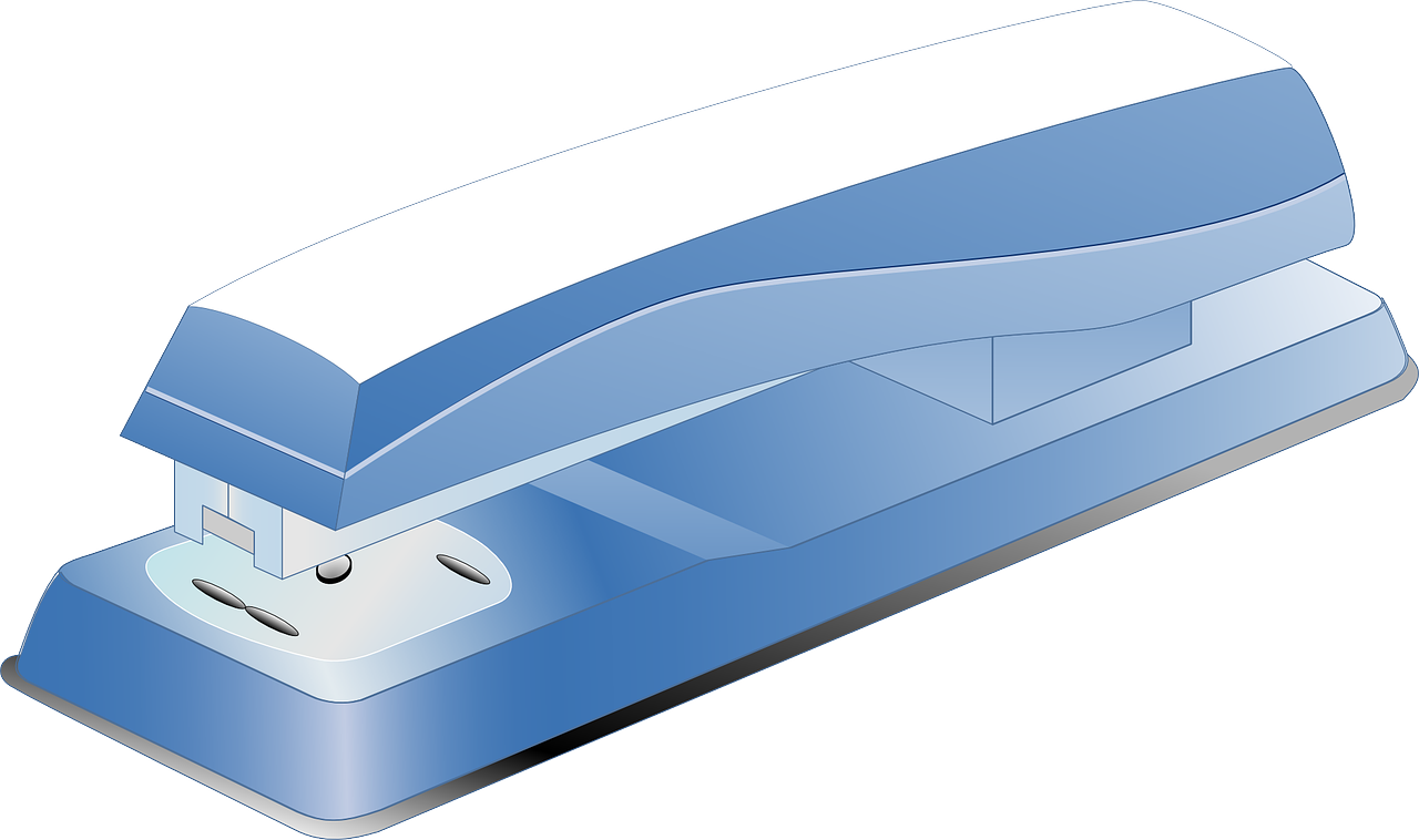 a close up of a stapler on a white background, an illustration of, by Aleksander Gierymski, pixabay, figuration libre, blue colored, glass cover, long view, top - side view