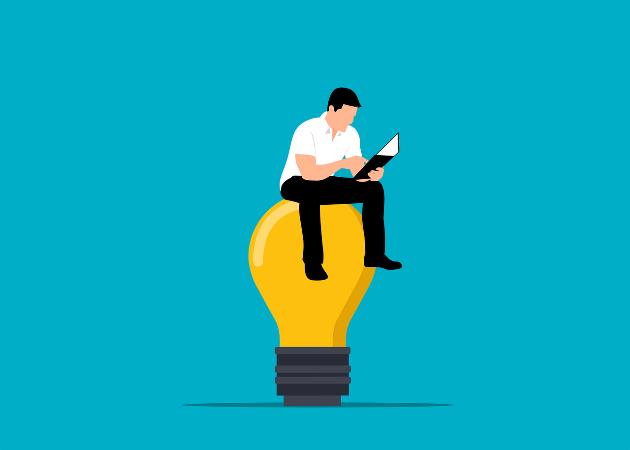 a man sitting on top of a light bulb with a laptop, professional work, accurate illustration, focus illustration