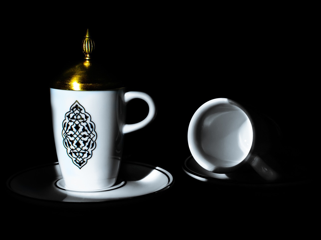 a white coffee cup sitting on top of a saucer, a still life, inspired by Aladár Körösfői-Kriesch, dau-al-set, high contrast dramatic lighting, inlaid with gold, muslim, high quality product photo