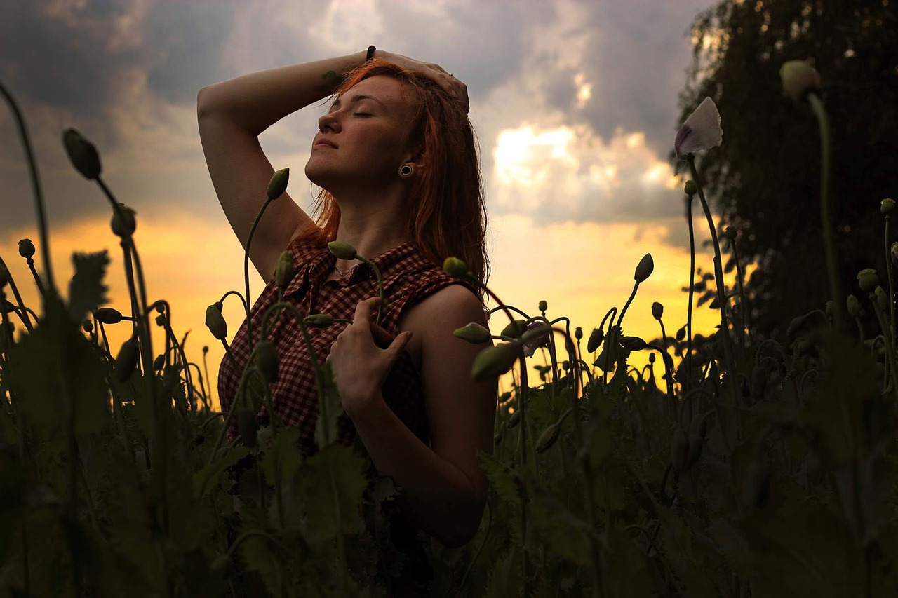 a woman standing in a field of tall grass, a picture, by Zoran Mušič, pixabay contest winner, romanticism, sunset and big clouds behind her, a redheaded young woman, poppy, the wind moves her shirt