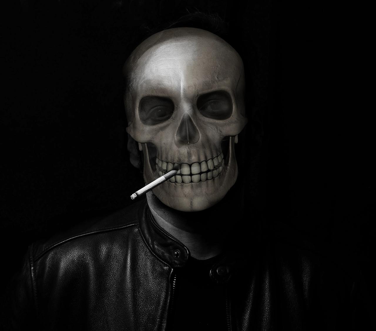 a man with a cigarette in his mouth wearing a skull mask, a portrait, inspired by Robert Mapplethorpe, digital art, gopnik in a black leather jacket, true realistic image, “loss of inner self, cigarette advertising