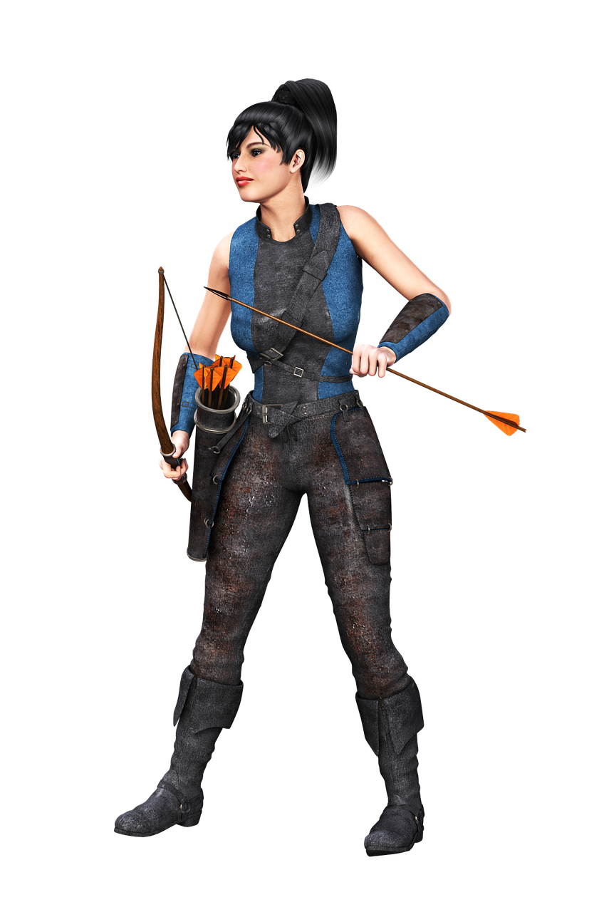 a woman in a costume holding a bow and arrow, a digital rendering, trending on cg society, glamorous jill valentine, hand painted textures on model, cassandra cain, d render
