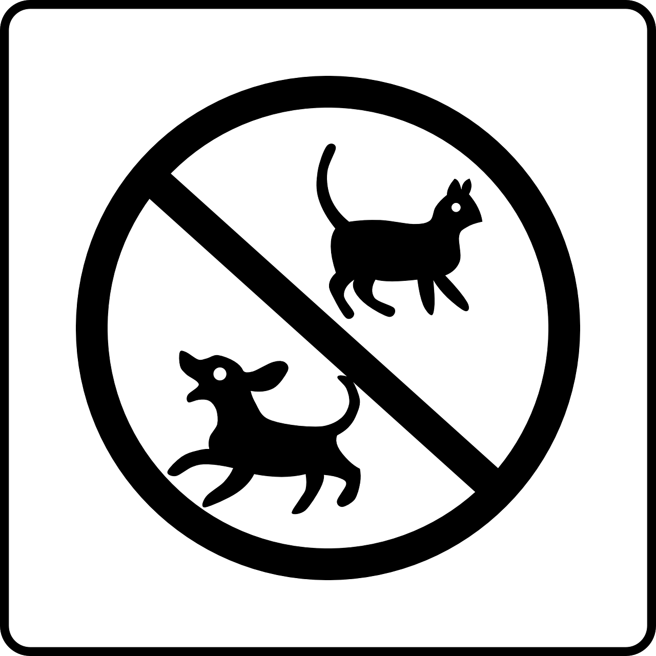 a black and white picture of a no dogs allowed sign, a picture, by Unkoku Togan, pixabay, sōsaku hanga, illustration of 2 cats, orthodox, small animals, animals chasing