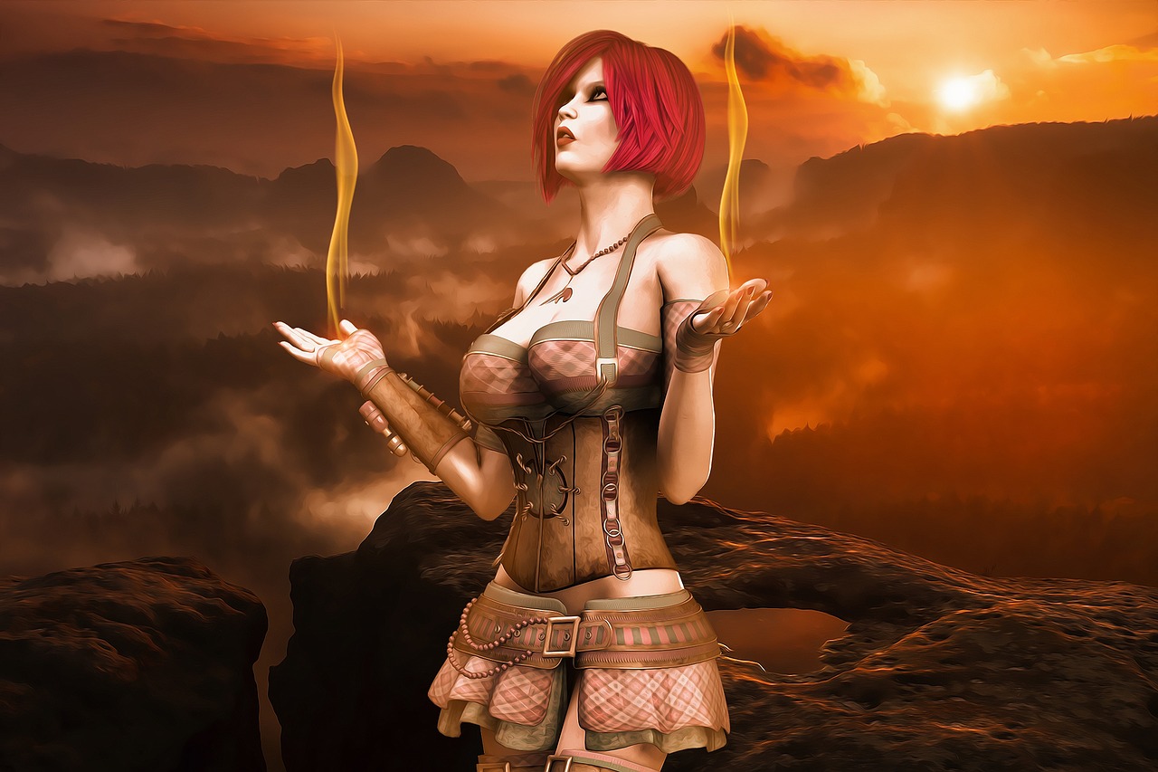 a woman standing on top of a mountain holding a bow, fantasy art, some smoke and fire, red haired goddess, emanating magic from her palms, steampunk inventor girl