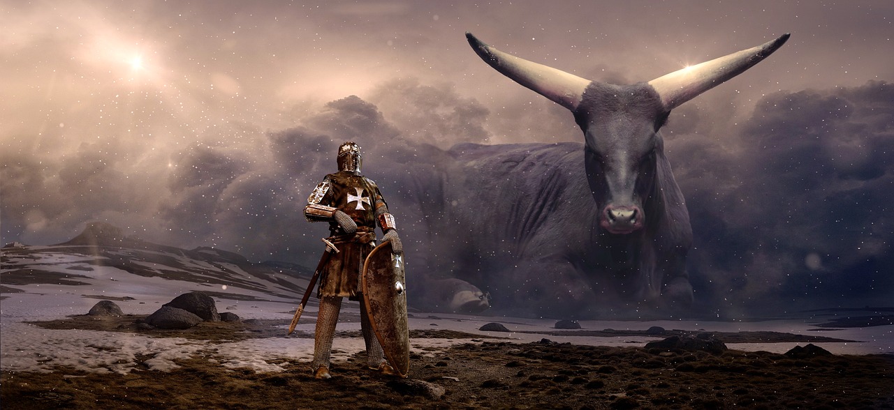 a man in armor standing in front of a bull, concept art, pexels contest winner, viking and templar aesthetics, photomanipulation, hieronymus bosch style, crypto