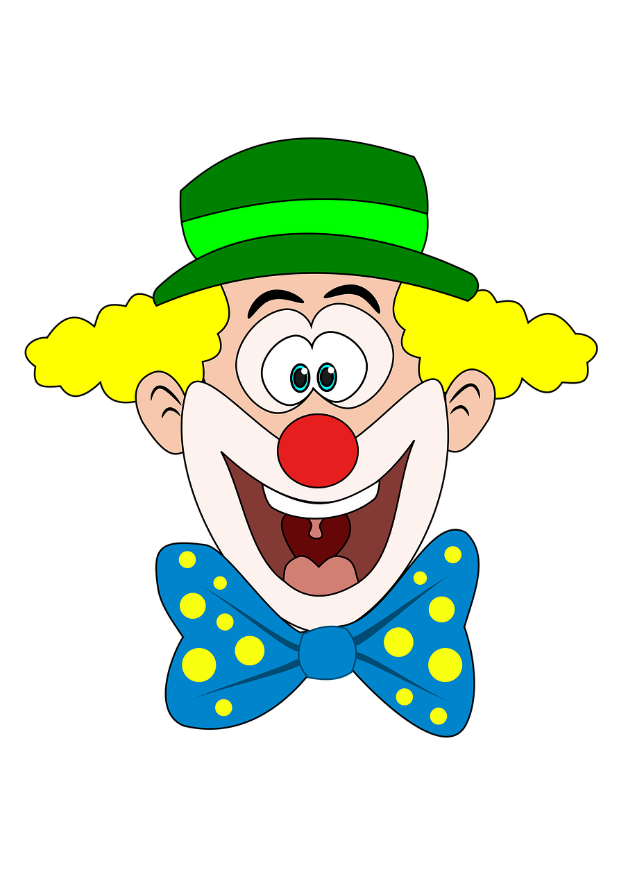 a clown with a green hat and blue bow tie, a picture, on a flat color black background, happy with his mouth open, clipart, close-up!!!!!!