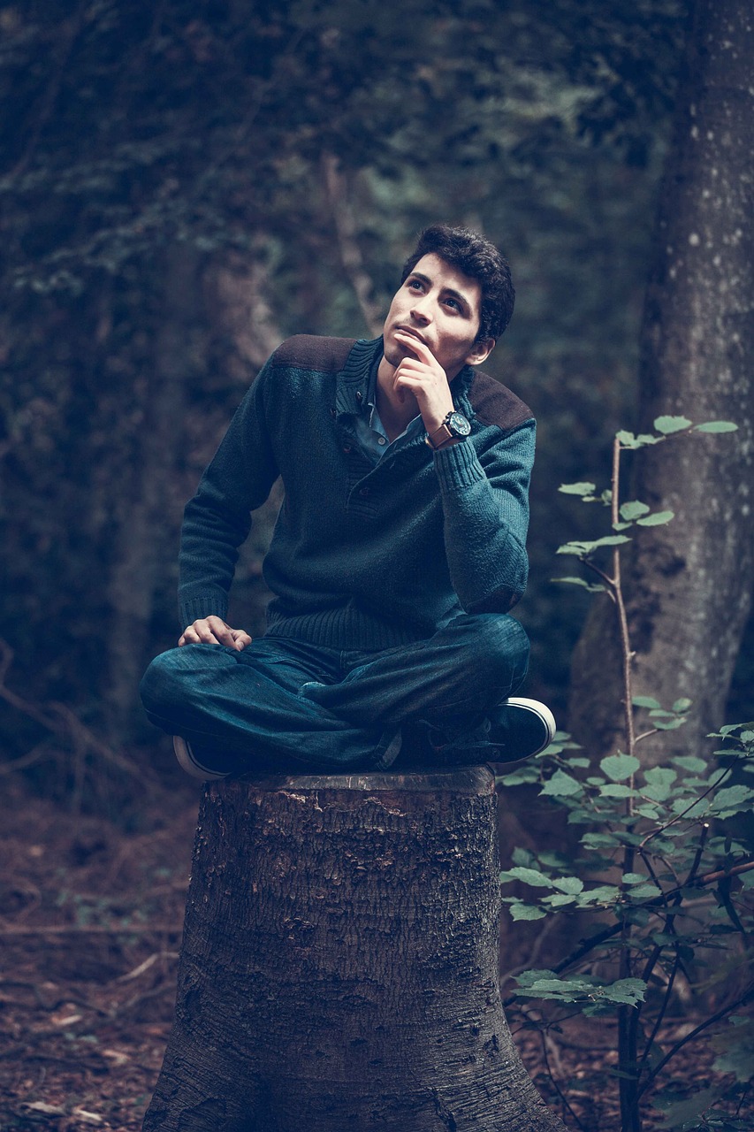 a man sitting on top of a tree stump, a portrait, inspired by Shekhar Gurera, unsplash, romanticism, adam driver, wearing a green sweater, omar shanti himalaya tibet, thinking pose