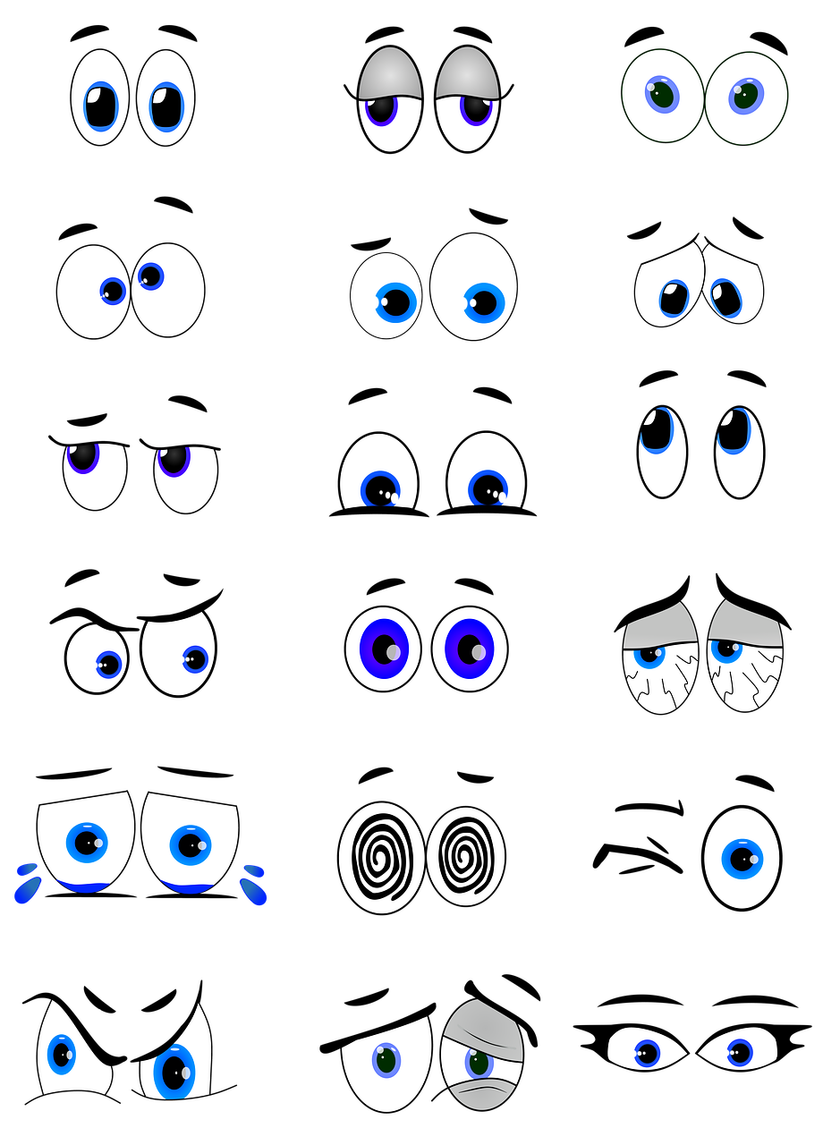 a set of cartoon eyes on a black background, inspired by Pixar, flickr, blue-eyed, tired haunted expression, bored expression, haunted expression