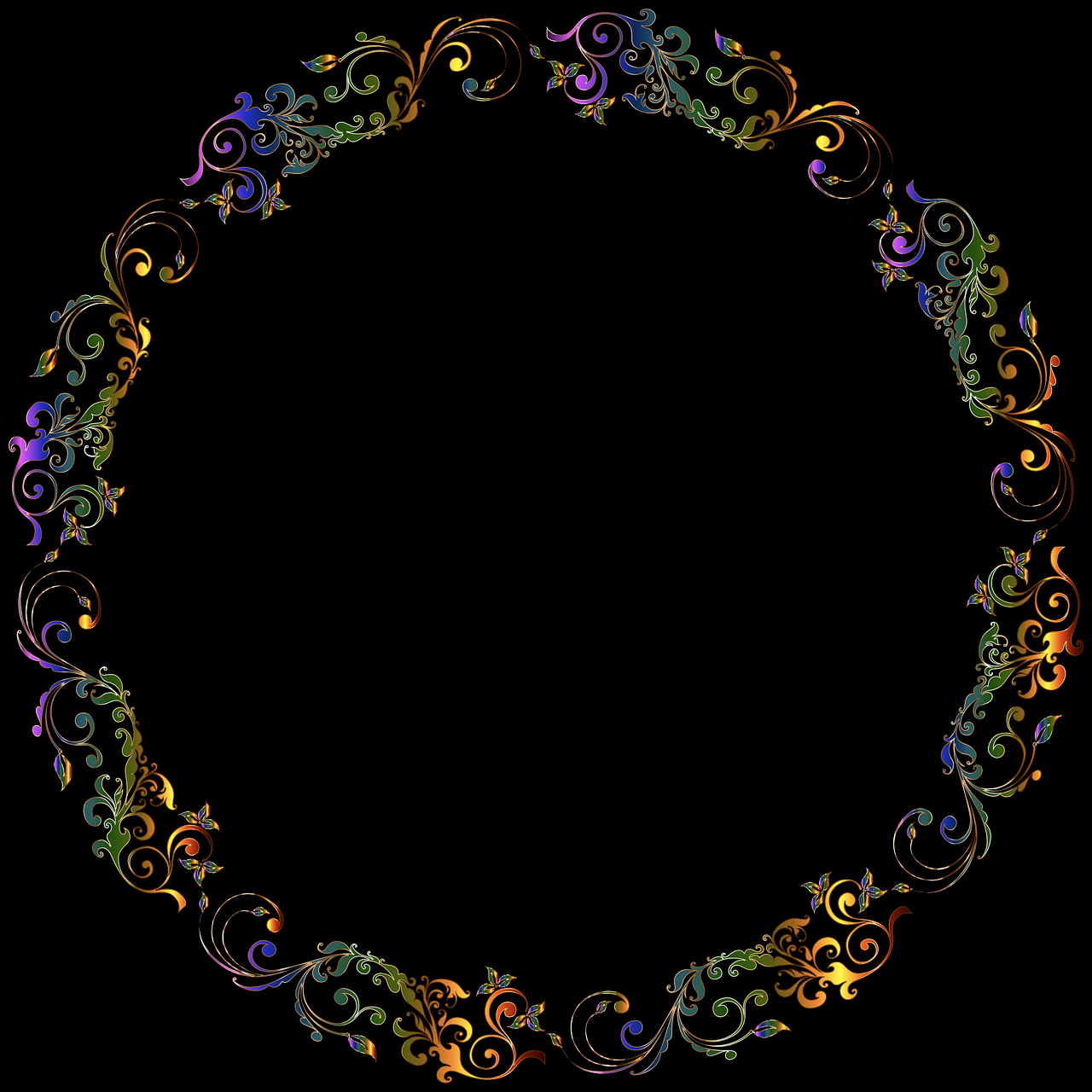 a circular floral frame on a black background, a digital rendering, baroque, gradient iridescence colors, filigree frame, jewelry iridescent, worms intricated