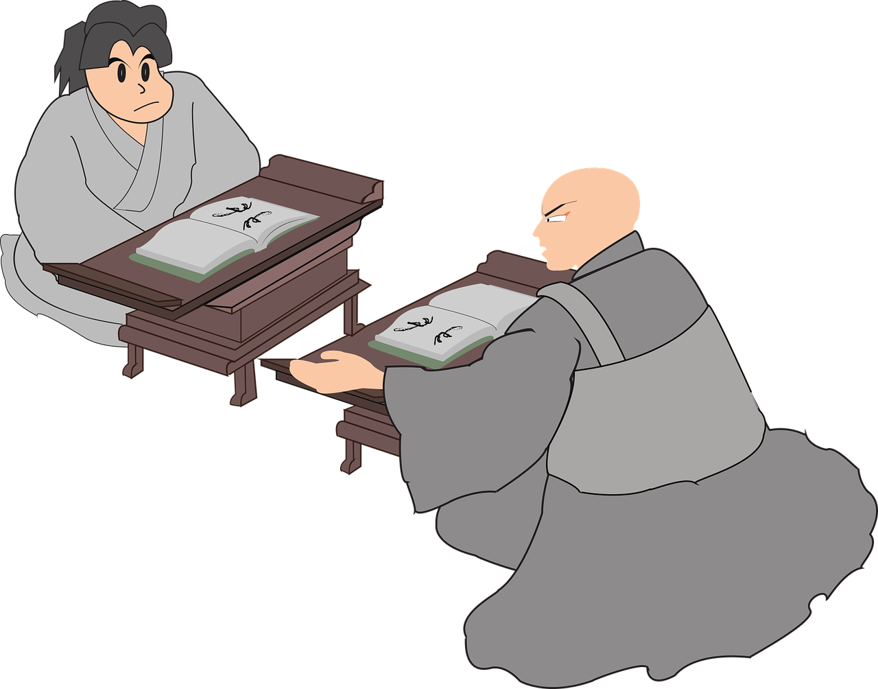 a man sitting at a table reading a book, a drawing, inspired by Sesshū Tōyō, pixiv, 2 1 st century monk, wikihow illustration, duel, academy headmaster