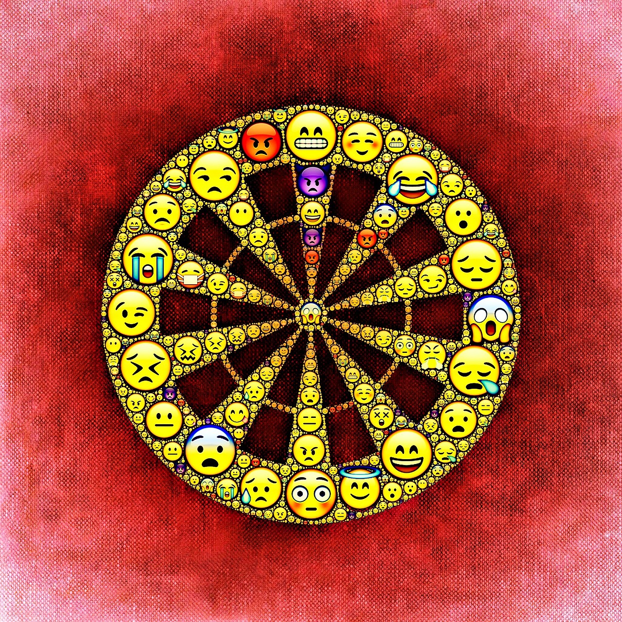 a wheel of emoticions on a red background, metaphysical painting, stained glass background, stained”