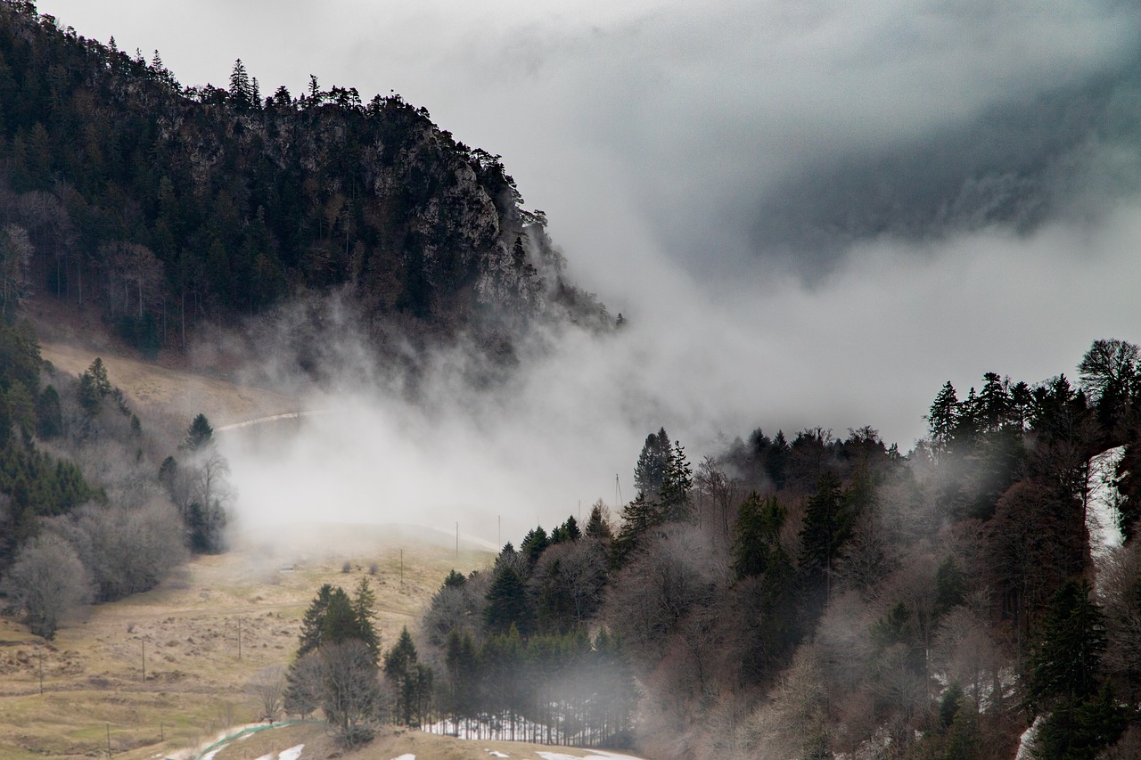 a group of people riding skis down a snow covered slope, a picture, romanticism, observed from afar in the fog, countryside in japan, trees and cliffs, low clouds after rain