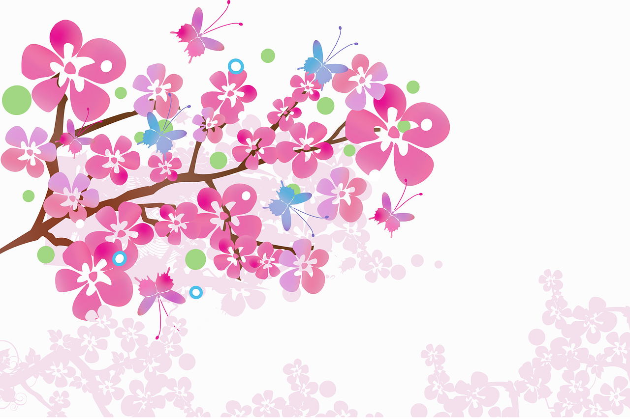 a tree with flowers and butterflies on a white background, vector art, inspired by Kōno Bairei, material is!!! plum!!!, 4 k hd wallpaper illustration, branches composition abstract, greeting card