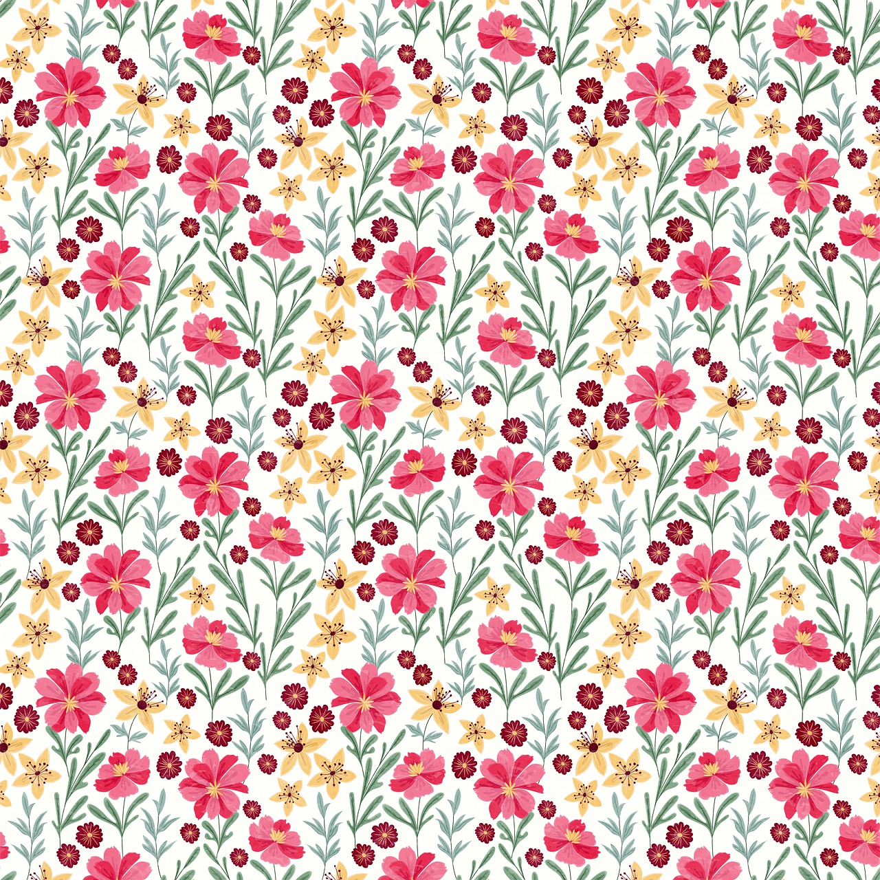a red and yellow flower pattern on a white background, inspired by William Morris, naive art, field of pink flowers, miniature cosmos, boissb - blanca. j, no watermarks