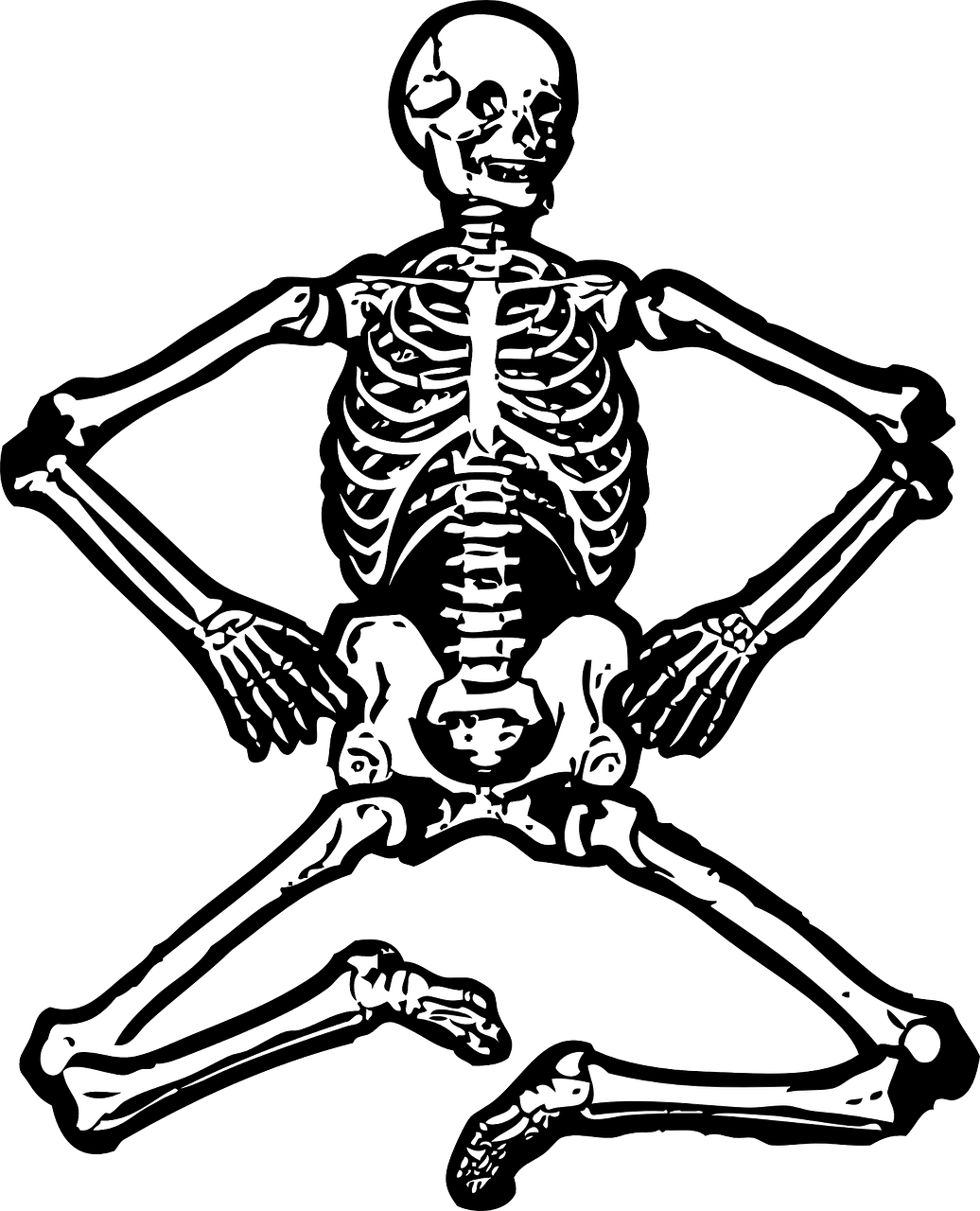 a skeleton sitting in the middle of a pose, vector art, inspired by Stephen Bone, pixabay, phone wallpaper, vector sticker, only black and white, anatomically correct!!