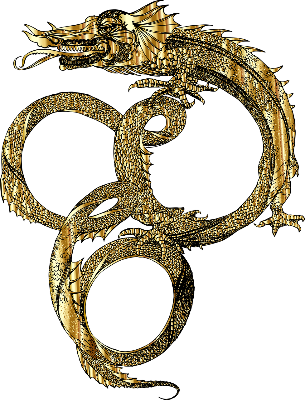 a golden dragon on a black background, a digital rendering, inspired by Kanō Hōgai, art nouveau, hook as ring, ripley scott, edited, snakeskin