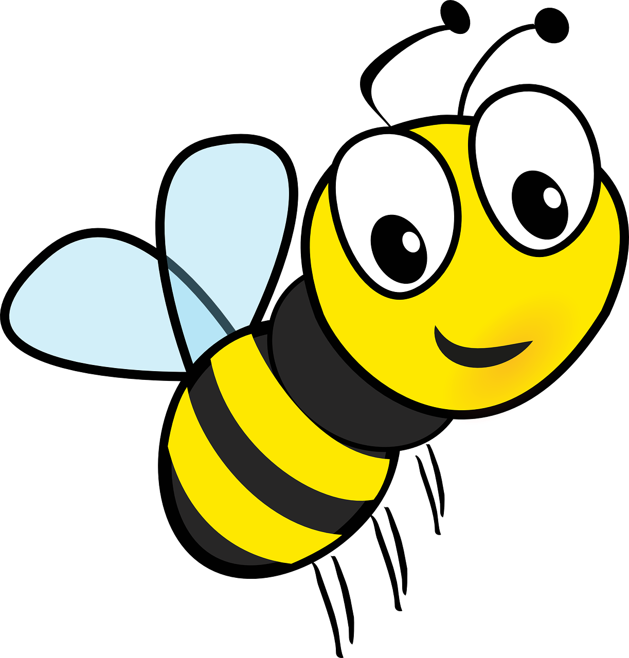 a yellow and black bee with big eyes, a screenshot, pixabay, black background!!!!!, !!! very coherent!!! vector art, smiling, toddler