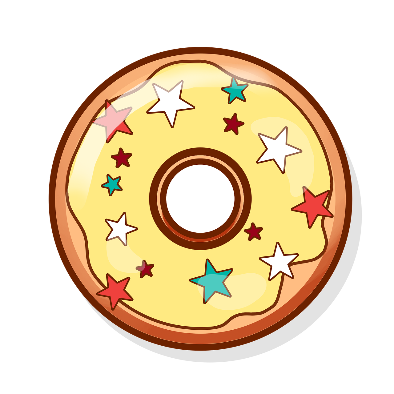 a close up of a doughnut with stars on it, vector art, on a flat color black background, mobile game asset, patch design, high detail illustration