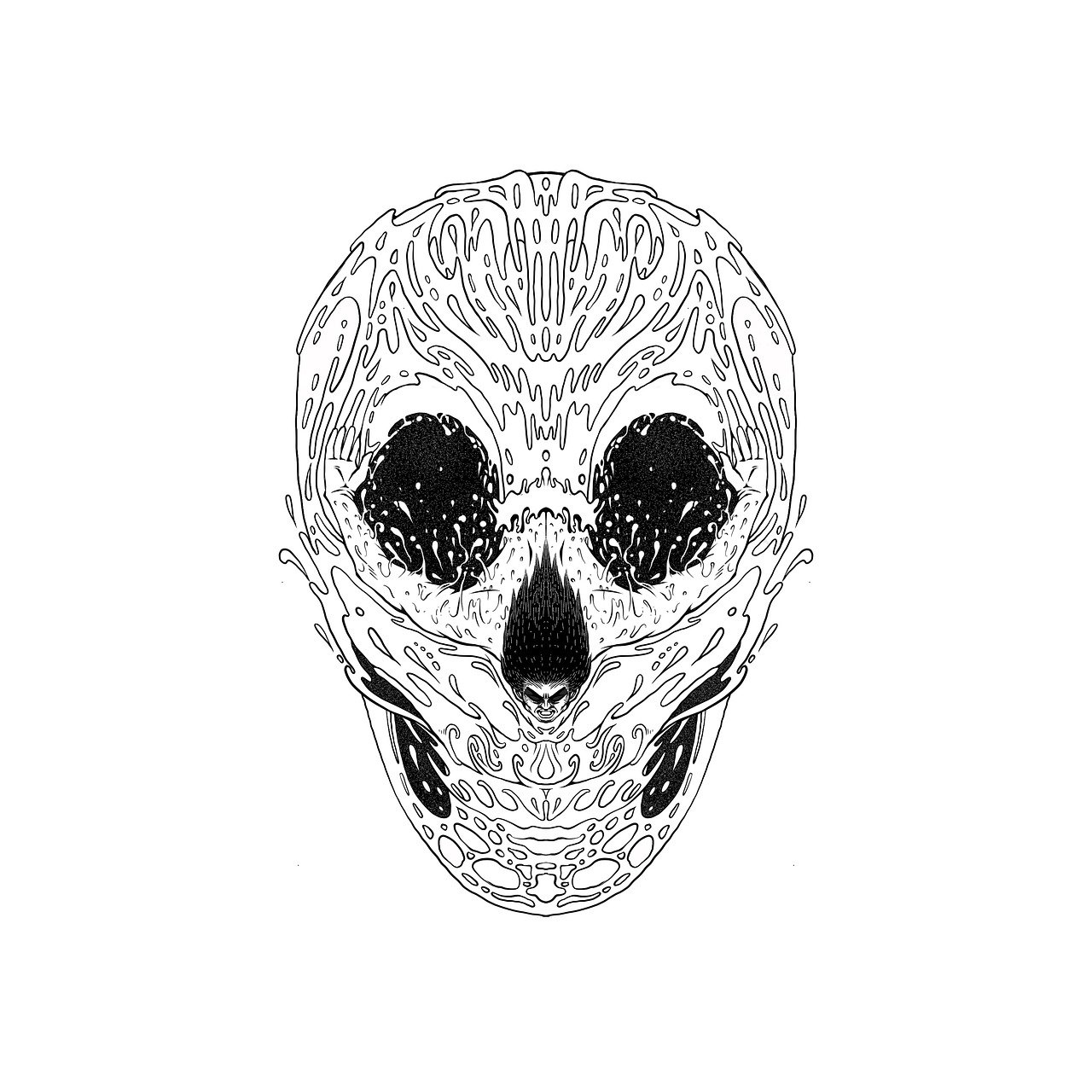 a black and white drawing of a skull, a detailed drawing, minimalism, neural pointillism, rorsach path traced, symmetry illustration, center view