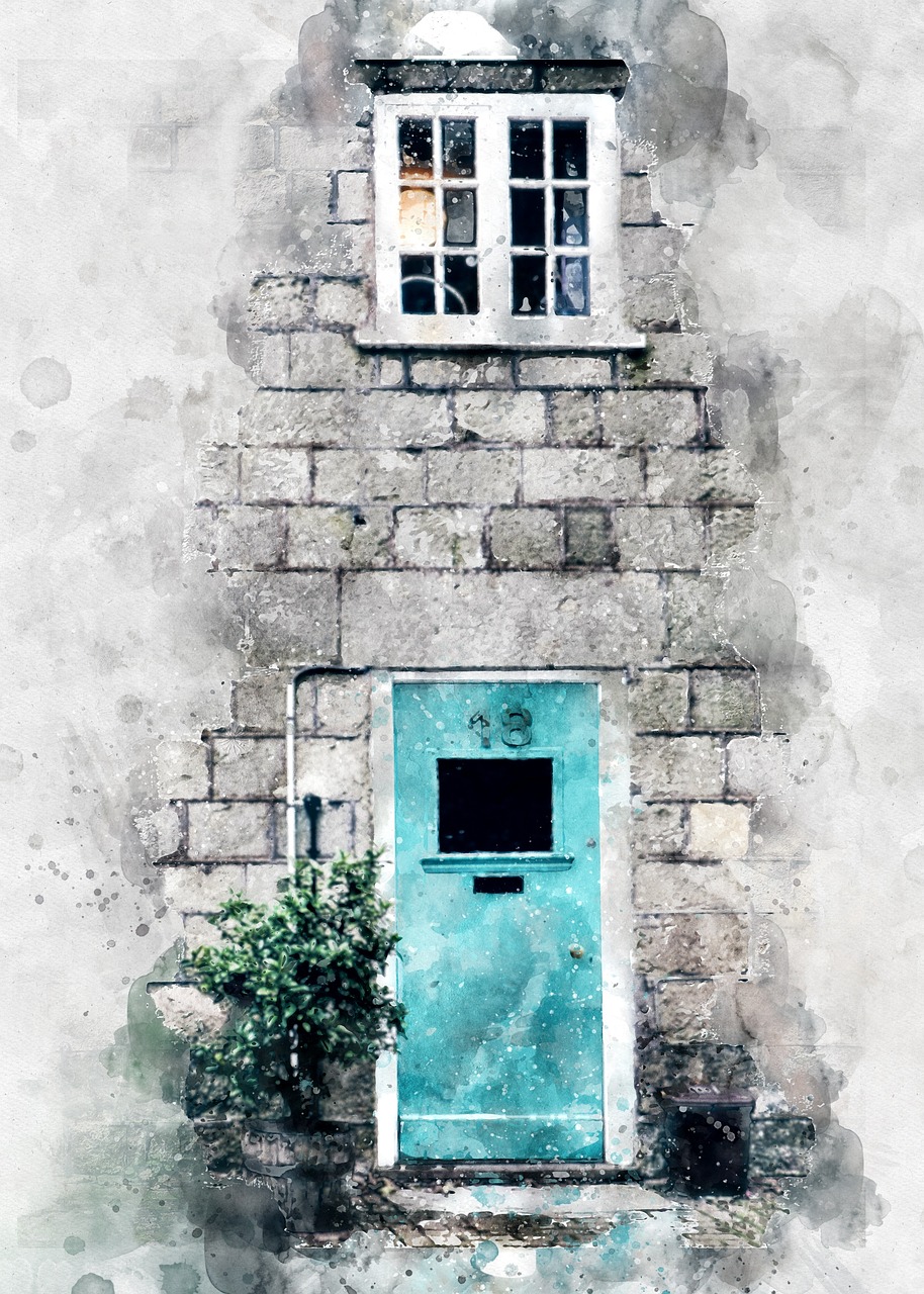 a watercolor painting of a blue door and window, inspired by James McNeill Whistler, unsplash, digital collage, cornwall, street of teal stone, old photo style